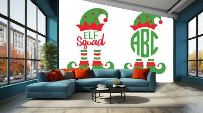 Cute elf squad monogram frame vector illustration. Christmas elf hat and boots. Wall mural