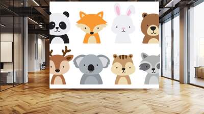 Cute forest woodland animals including a panda, fox, bear, deer, koala, rabbit, bunny, squirrel, and raccoon. Vector illustration of forest animal heads and faces. Wall mural