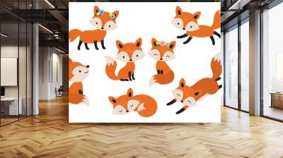 Cute fox couple cartoon vector illustration set. Foxes in various poses such as standing, sitting, and sleeping. Wall mural