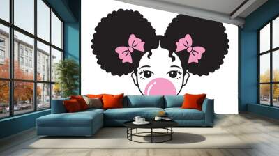 Cute girl with afro puff hair blowing bubble gum vector illustration. Wall mural