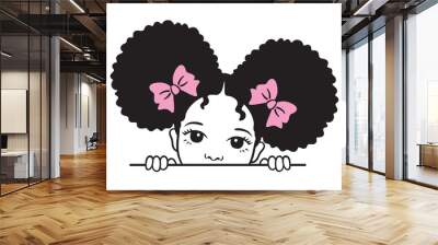 Cute peekaboo black girl with afro puff hair vector illustration. Wall mural