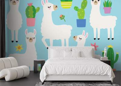 Cute plain white llamas or alpacas and cacti vector illustration set. Wall mural