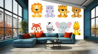 Cute wild animals set including lion, tiger, hippo, bear, fox, zebra, giraffe, and elephant. Safari jungle animals vector. Woodland animal illustration.
 Wall mural