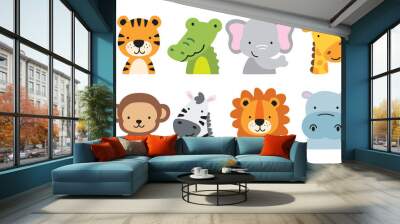 Cute wild safari jungle animals including a tiger, crocodile, alligator, elephant, giraffe, monkey, zebra, lion, and hippo. Vector illustration of jungle animal faces and heads. Wall mural