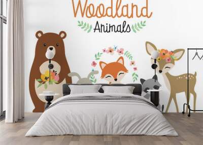 cute woodland forest animals vector illustration including bear, bunny rabbit, fox, raccoon, and dee Wall mural