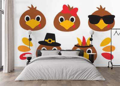 Set of cute boy and girl baby turkey faces vector illustration. Turkey faces with bow, sunglasses, hat, and headband illustration. Wall mural