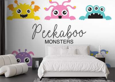 Set of cute peekaboo monsters vector illustration. Funny little monsters in various colors. Wall mural