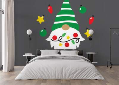 Vector illustration of a cute gnome with decorative holiday Christmas light. Wall mural