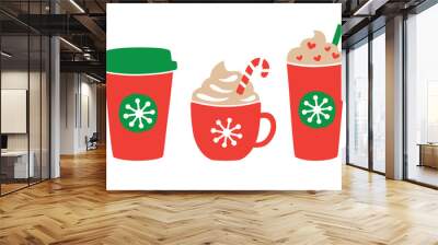 Vector illustration of Christmas holiday drink including hot and iced coffee. Peppermint chocolate drink. Wall mural