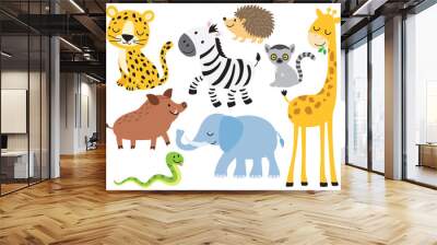 Vector illustration of cute wild animals including leopard, zebra, giraffe, elephant, boar, hedgehog, snake, elephant and lemur. Wall mural