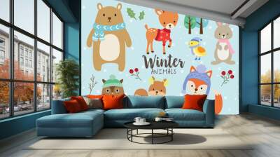 Vector illustration of cute winter animals including bear, deer, rabbit, bunny, owl, squirrel, bird and fox wearing winter outfits. Wall mural