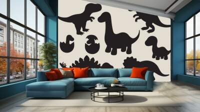 Vector illustration of dinosaur silhouette including Stegosaurus, Brontosaurus, Velociraptor, Triceratops, Tyrannosaurus rex, and Spinosaurus. Wall mural