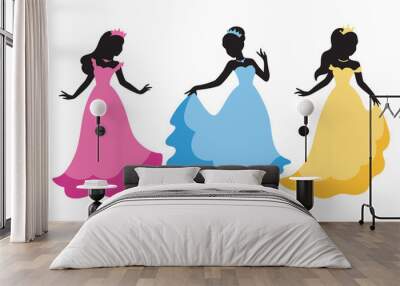 Vector illustration of long haired princess black silhouette in princess costume. Wall mural