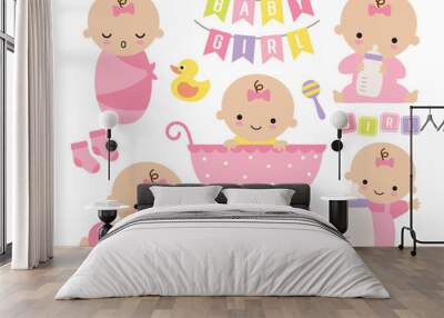 Vector illustration of pink baby girl set. Cute baby girl in a stroller with toys and accessories. Wall mural