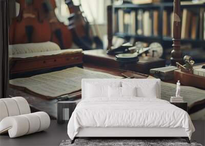 A music classroom table with sheet music, metronome, and musical instruments Wall mural