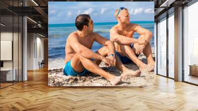 Two handsome young men chatting on a beach Wall mural