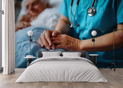 Unrecognizable nurse checking heartbeat of recovering senior patient with stethoscope in hospital ward, Generative AI Wall mural