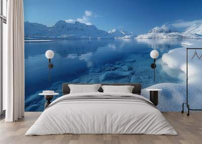 Winter frozen lake, snow-covered landscape, clear blue sky, cold and tranquil, peaceful scenery Wall mural