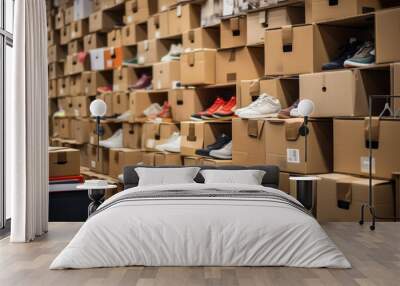 Storage with lots of boxes with sports shoes are displayed in rows, selective focus. Wall mural