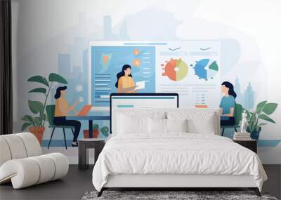 Office laptop, diversity and business people reading online report, website design feedback or research project. Collaboration, staff mentor and team designer working on company homepage development Wall mural