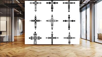 Christian cross vector icon symbols.  Abstract christian religious belief or faith art illustration for orthodox or catholic design. The symbol of the cross in various designs used in tattoo. Wall mural