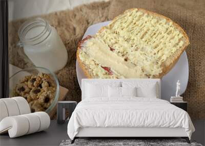 Bread with smoked beef and mozarella cheese on a plate for fast food breakfast or coffee break.	
 Wall mural