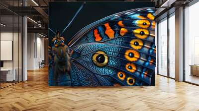 close-up of a butterfly wing with blue and orange colors on the wings Wall mural