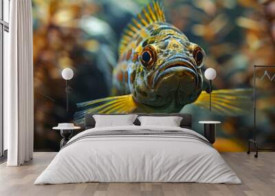 Fish is swimming in an aquarium, its scales catching the light Wall mural