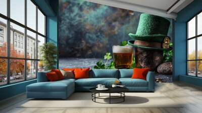 Glass of beer with foam surrounded by shamrocks and gold coins with a leprechaun hat on a textured background celebrating saint patrick's day Wall mural