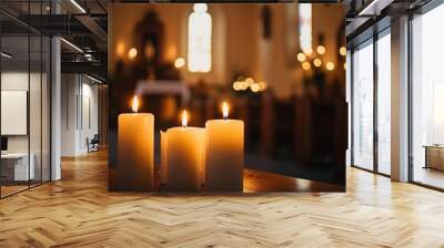 A peaceful Christian worship service in a small chapel, candles lit, soft music in the background, Wall mural