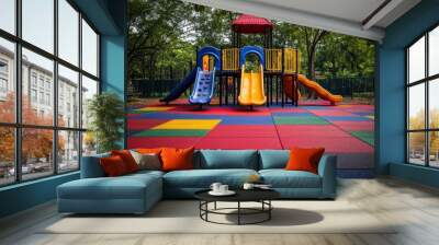 A playground with rubber flooring, offering a soft and safe surface for kids to play, with vibrant colors and cushioning to prevent injuries from falls Wall mural