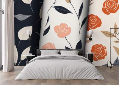 Modern rose and leaf patterns designed for home decor, with minimalist lines and muted tones ideal for pillows, wallpapers, or curtains Wall mural