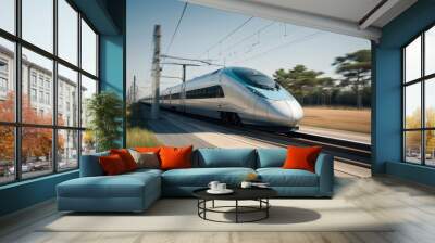 Modern high speed train on a clear day with motion blur. Generative AI. Wall mural