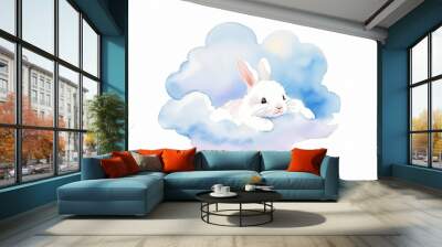 Watercolor cute bunny sleep on the cloud. Watercolor illustration isolated on white background. Generative AI. Wall mural