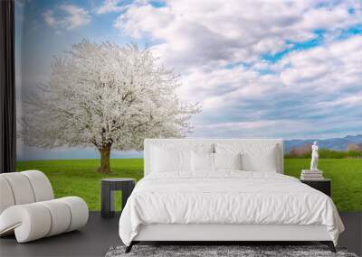 Flowering fruit tree cherry blossom. Single tree on the horizon with white flowers in the spring. Fresh green meadow with blue sky and white clouds. Wall mural