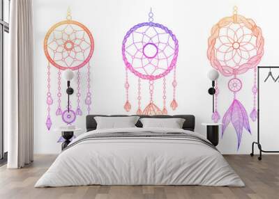 hand drawn vector illustration of dream catcher in line work style. dreamcatcher decorated with feat Wall mural