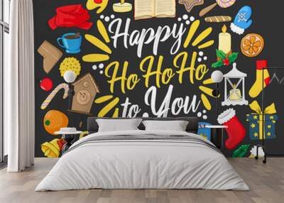 Happy ho ho ho to you quote Christmas hand drawn vector illustration banner with x-mas elements in cartoons doodle style on dark grey background . Winter holidays greeting card vector design.   Wall mural