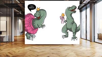 Set of cute tyrannosaurus rex in cartooms style. Hand drawn vector illustration of dynosaur  t-rex isolated on white background. Collection of childish dino art. Wall mural