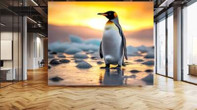 Lonely penguin against the backdrop of an icy landscape Wall mural