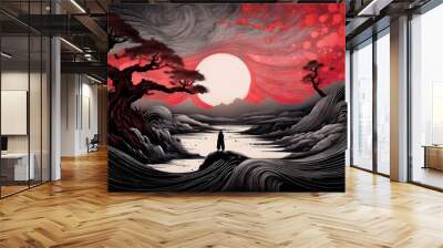 A stylized red and black landscape with two twisted trees and a figure standing in front of a large, bright sun. Wall mural