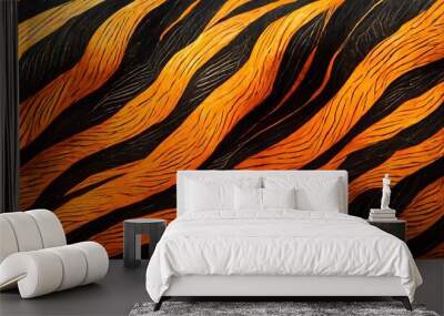 Abstract pattern with flowing black and orange lines resembling animal stripes. The artwork is dynamic and full of movement, evoking a wild and energetic vibe. Fierceness of a tiger's fur. Wall mural