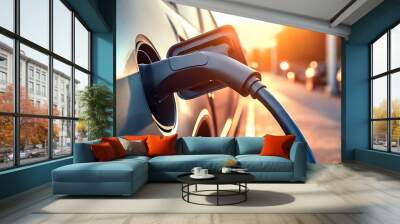 An electric vehicle car charges at a station, its power cable connected. The charging cable is securely attached, signifying the car's readiness for an eco-friendly journey. Wall mural