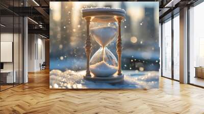 Hourglass Capturing the Essence of Time in Winter. An hourglass with flowing sand on a snowy surface, glistening in the sunlight, symbolizing the passage of time Wall mural