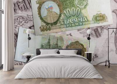 Top view of two 1000 Russian ruble banknotes Wall mural