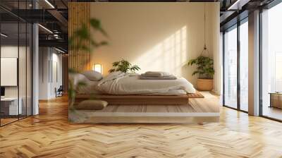 A bedroom with a white futon and two pillows Wall mural