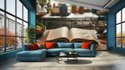 A book is open on a table with a variety of food items and utensils Wall mural