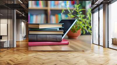 A book is open on a table with a yellow book on top of it Wall mural