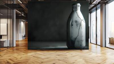 A bottle with a broken cap sits on a wooden table Wall mural