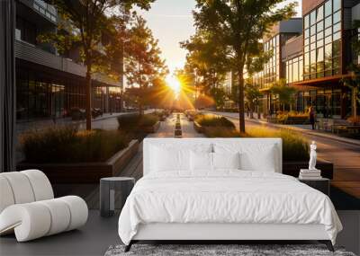 A city street with a sidewalk and a row of trees Wall mural