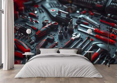 A collection of tools and hardware, including wrenches, pliers, and screwdrivers Wall mural